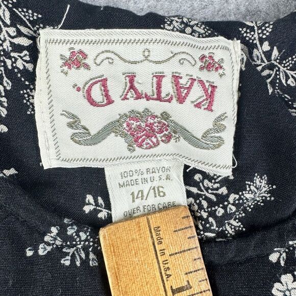 Vintage Katy D Dress Womens 14 16 Black Floral Empire Waist Y2K Flowy Pockets* - Picture 11 of 12